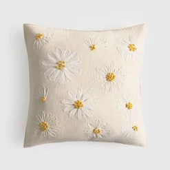 Funda de cojín de algodón y lino con flores bordadas Fridasy
