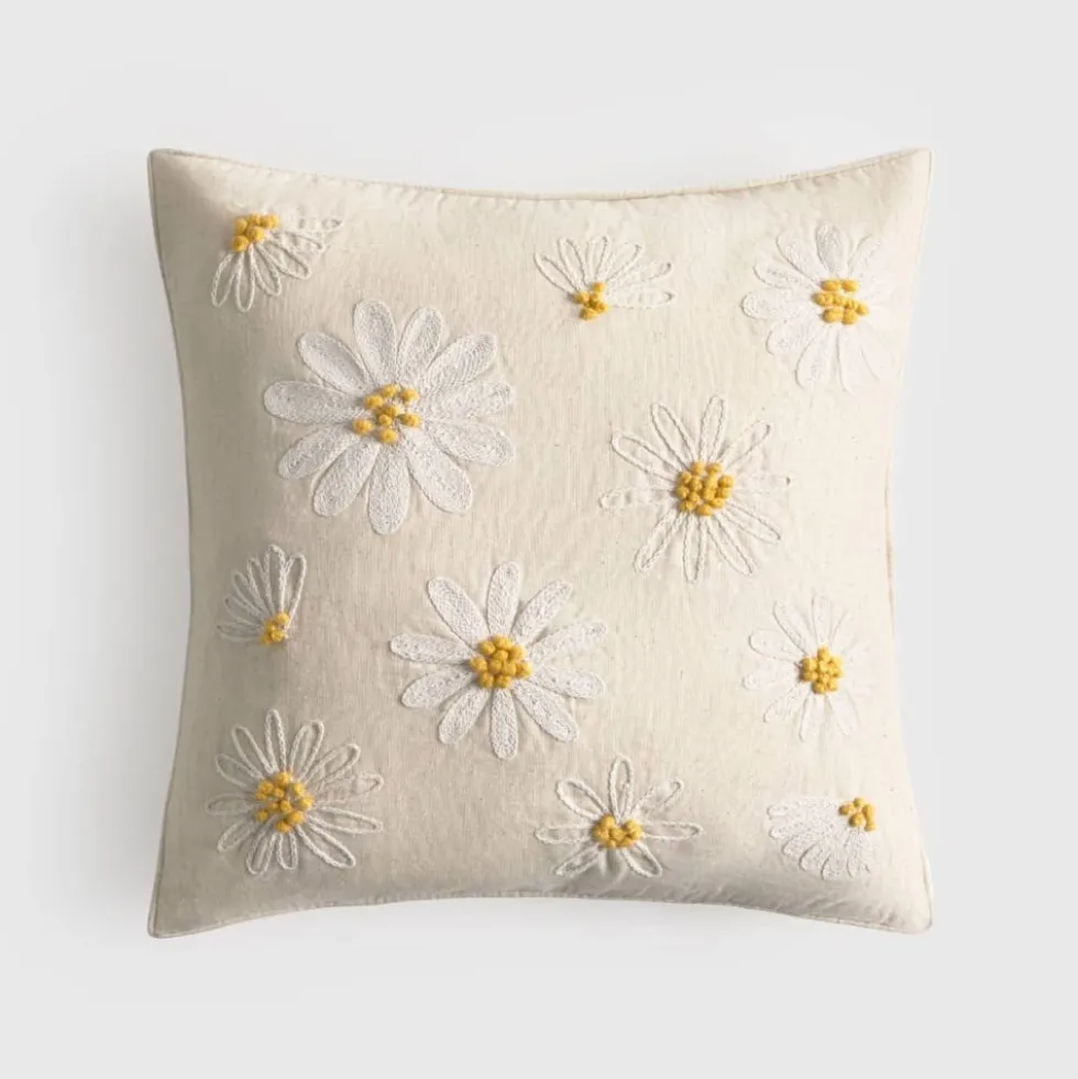 Funda de cojín de algodón y lino con flores bordadas Fridasy