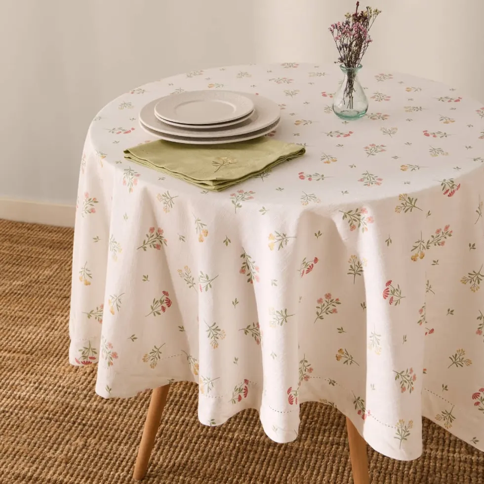 Mantel de algodón efecto lino con estampado de flores Florgur