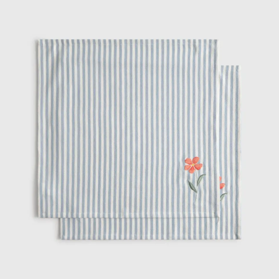Pack de 2 servilletas de algodón a rayas con flor bordada Abu
